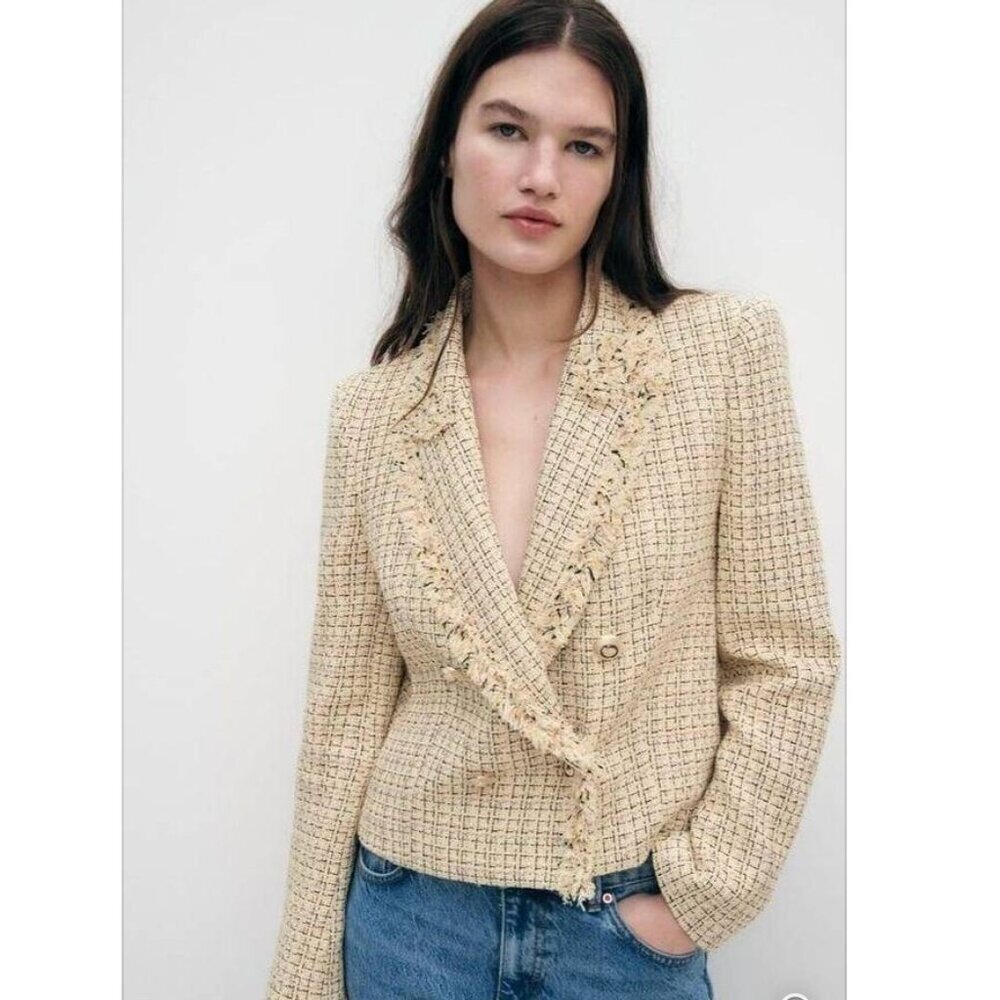 Zara Tweed Double-Breasted Jacket with Fringe, Size Medium NEW WITH TAG! - Picture 7 of 12